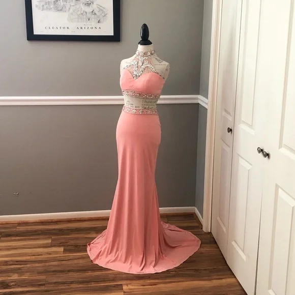 NEW ALYCE PARIS SZ 6 PINK CORAL TWO PIECE BEAD ILLUSION FORMAL EVENING GOWN - Picture 2 of 15